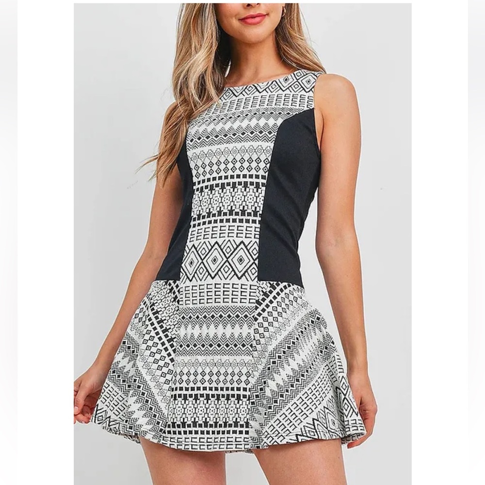 Anthropologie Greylin Fit & Flare Dress Sleeveless Stretch Knit Black Cream S